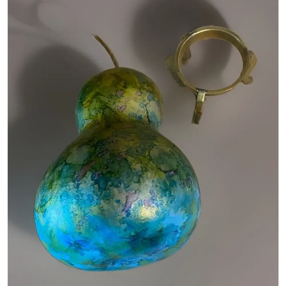 Hand Painted Gourd Pear Decor Iridescent Metallic Design with Brass Stand 6.75